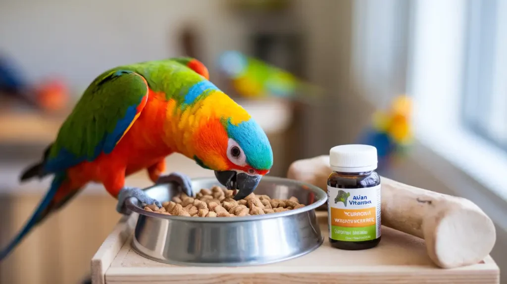 A parrot diet eating from a bowl of pellets with a calcium block nearby