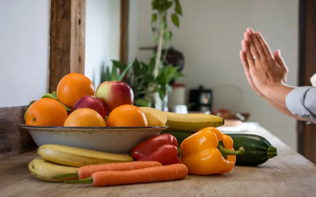 Fruits and vegetables arranged for a partial fast.
