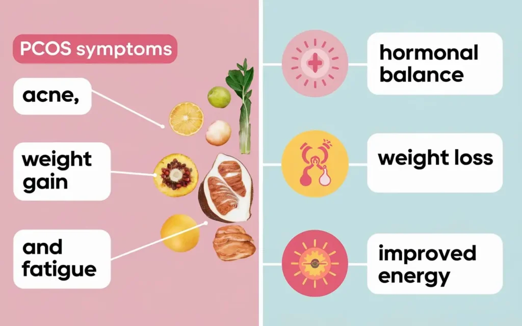 Illustration explaining PCOS symptoms and how intermittent