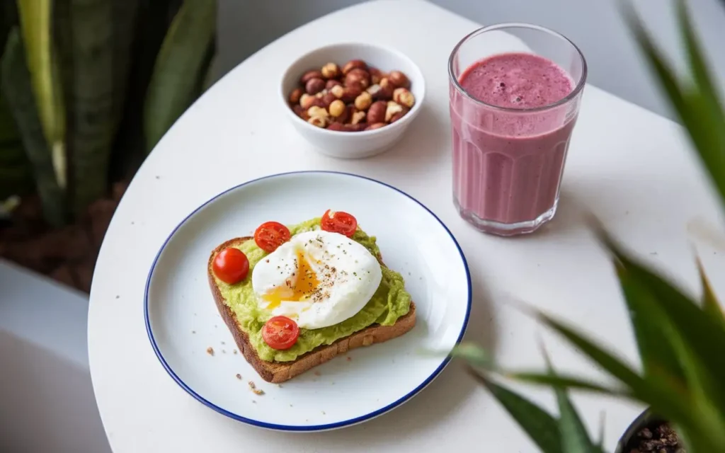 Avocado toast with eggs and a smoothie for PCOS diet breakfast