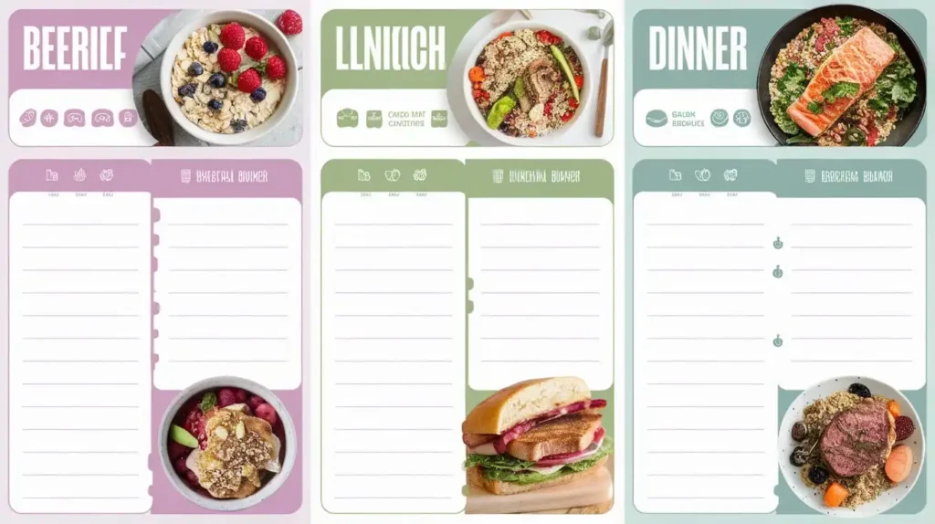 A weekly PCOS meal plan with labeled breakfast, lunch, and dinner options