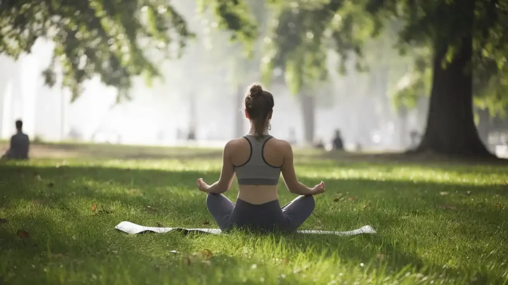 A calm woman practicing yoga outdoors to manage PCOS stress and boost fertility. pcos diet plan to get pregnant