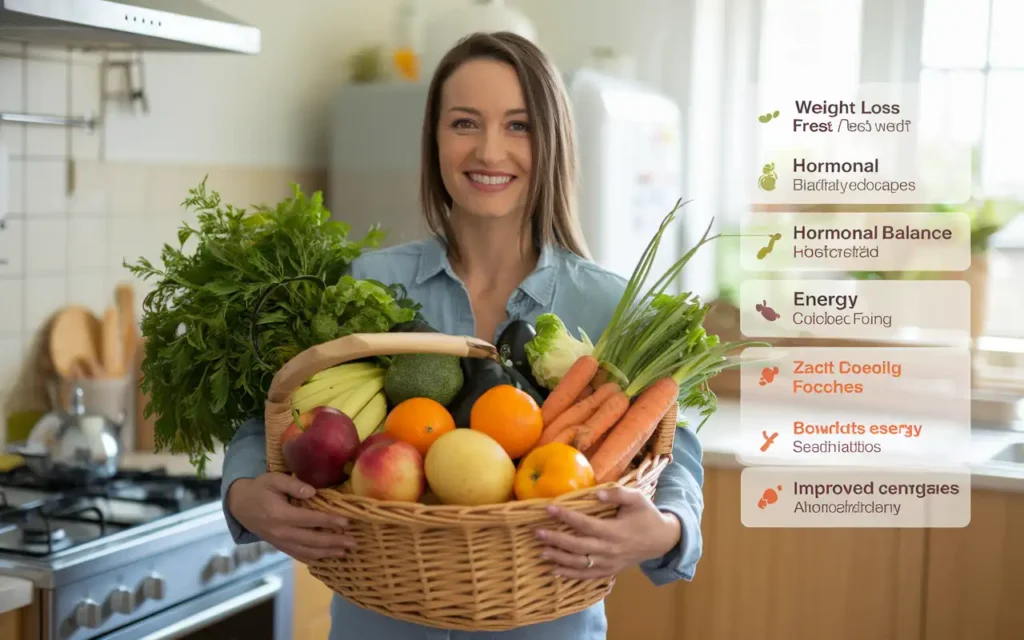 A vibrant image of a happy, healthy woman holding fresh vegetables, symbolizing the benefits of PCOS intermittent fasting