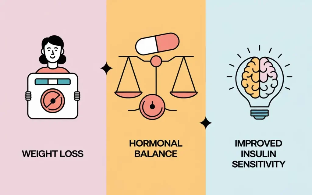 Benefits of PCOS and intermittent fasting illustrated with icons