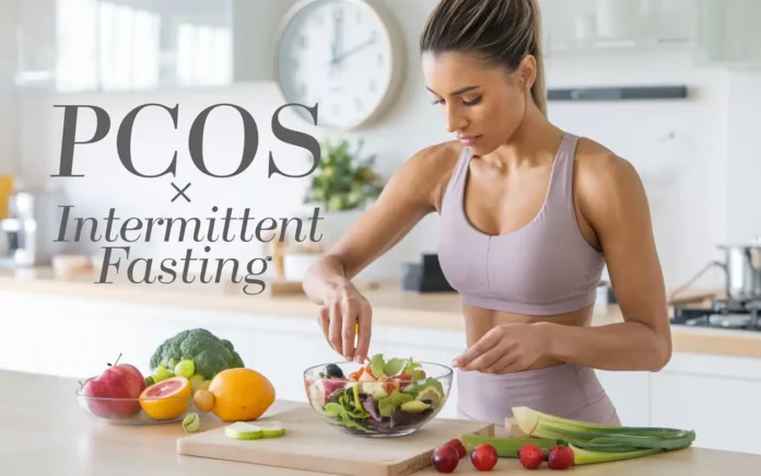 Illustration of PCOS and intermittent fasting with healthy food.