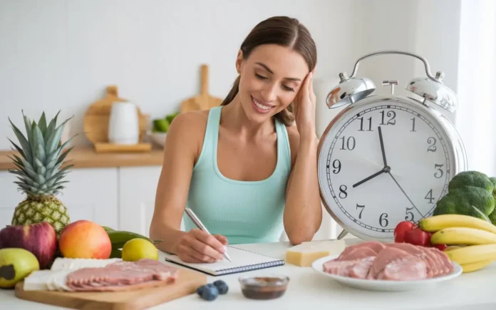 A woman planning her intermittent fasting schedule with a clock and healthy foods, illustrating PCOS intermittent fasting benefits