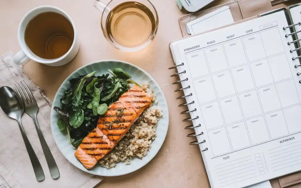 A healthy PCOS meal plan with grilled salmon, quinoa, leafy greens, and herbal tea for intermittent fasting