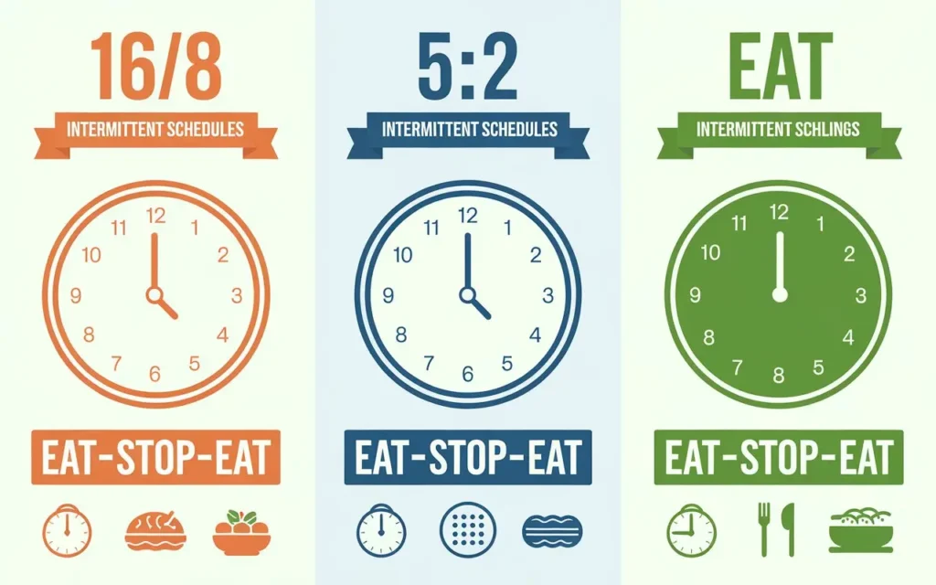 An infographic showcasing popular intermittent fasting methods like 16/8, 5:2, and alternate-day fasting for PCOS