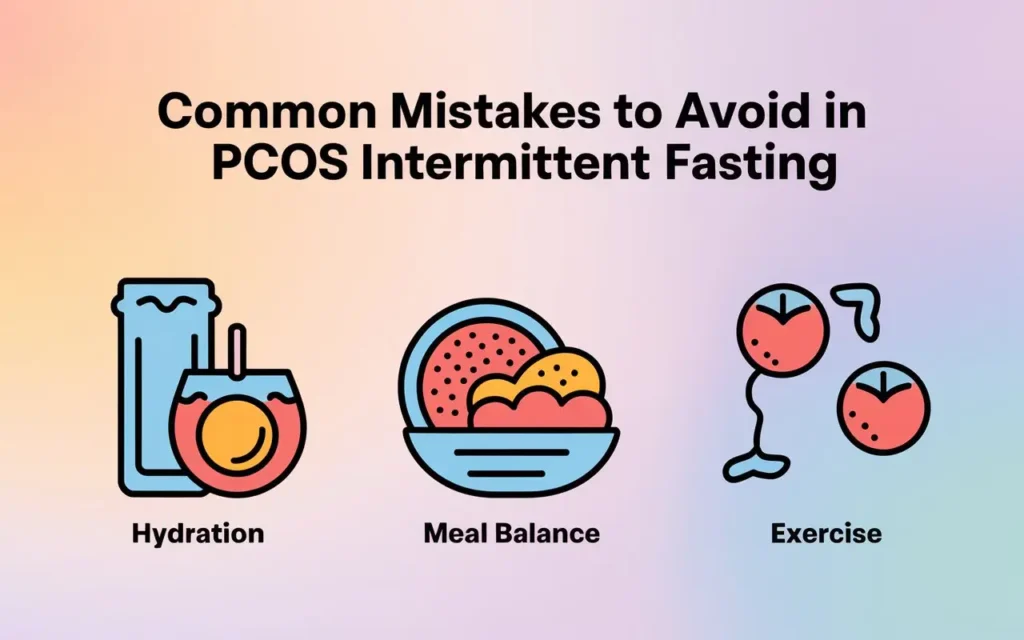 An infographic listing common intermittent fasting mistakes like skipping meals or neglecting hydration, tailored for PCOS