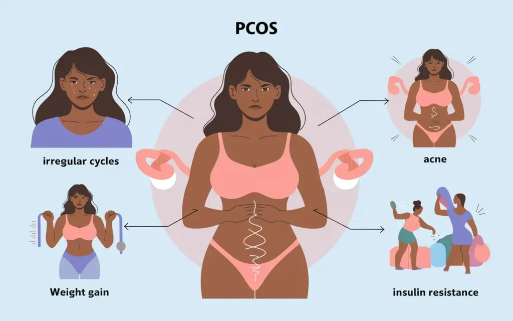 A medical diagram showing PCOS symptoms, including acne, weight gain, and hormonal imbalances, relevant to PCOS intermittent fasting.