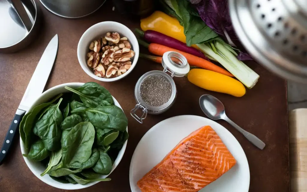 Nutrient-rich foods for PCOS, including leafy greens, seeds, and fish