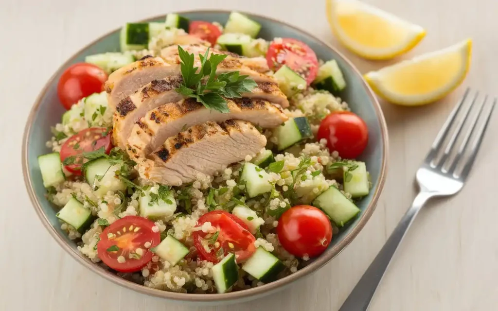 A colorful quinoa salad with grilled chicken for a PCOS-friendly lunch