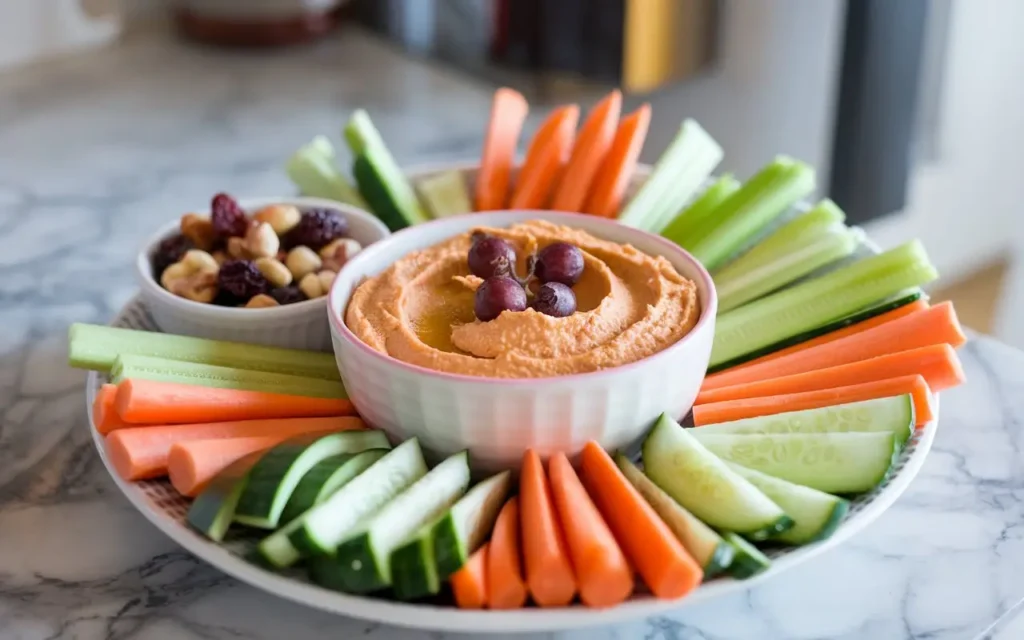 Healthy snacks for PCOS, including hummus with vegetable sticks and mixed nuts