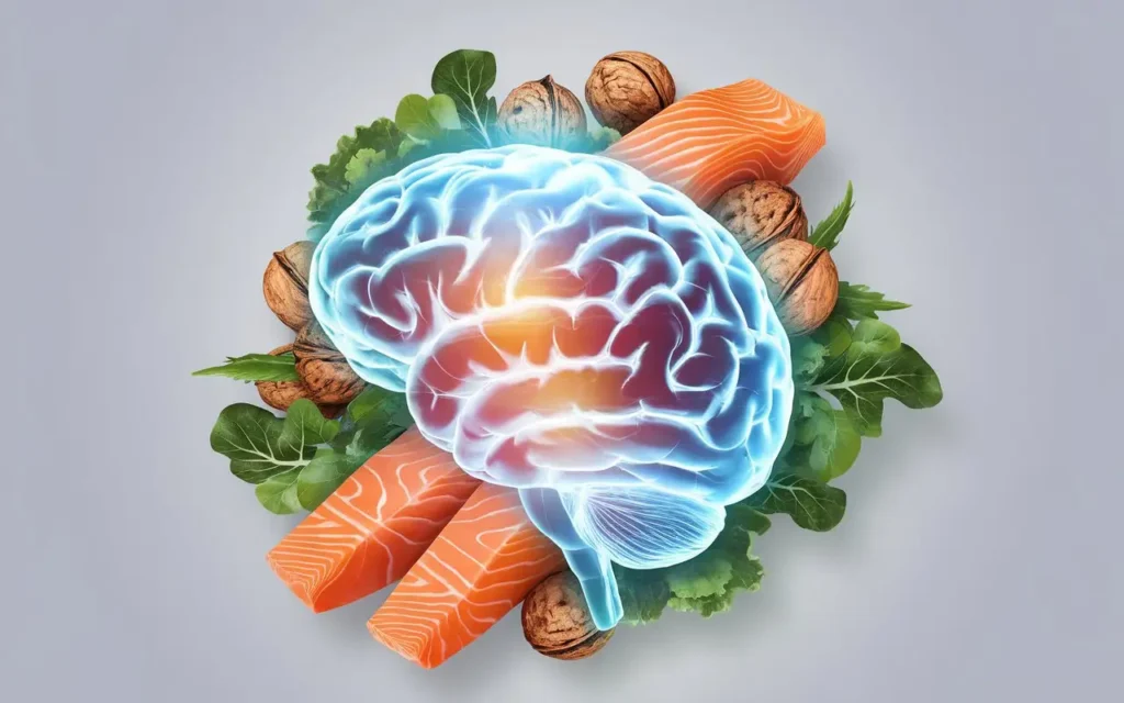 A creative concept of a human brain surrounded by healthy foods like fish, nuts, and leafy greens