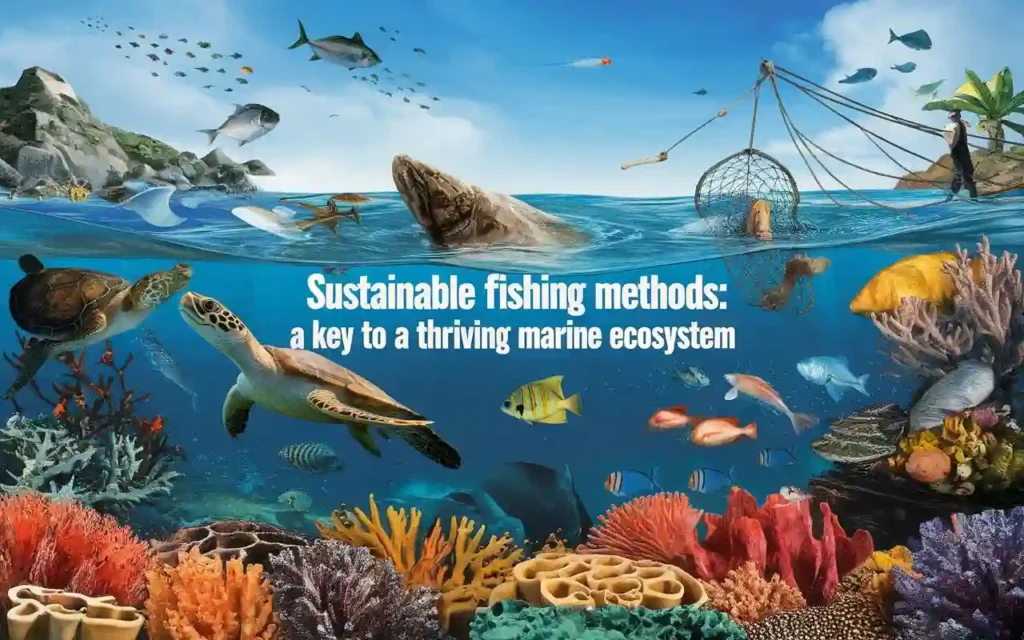 An illustration of sustainable fishing practices with clean oceans and a thriving marine ecosystem