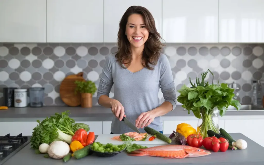 A smiling woman preparing a healthy pescatarian meal in her kitchen with fresh ingredients