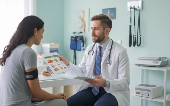 A doctor discussing the physicians elemental diet with a patient, focusing on its health benefits.