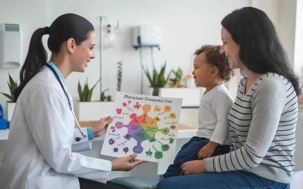 A pediatrician consulting with a mother and child about the physicians elemental diet.
