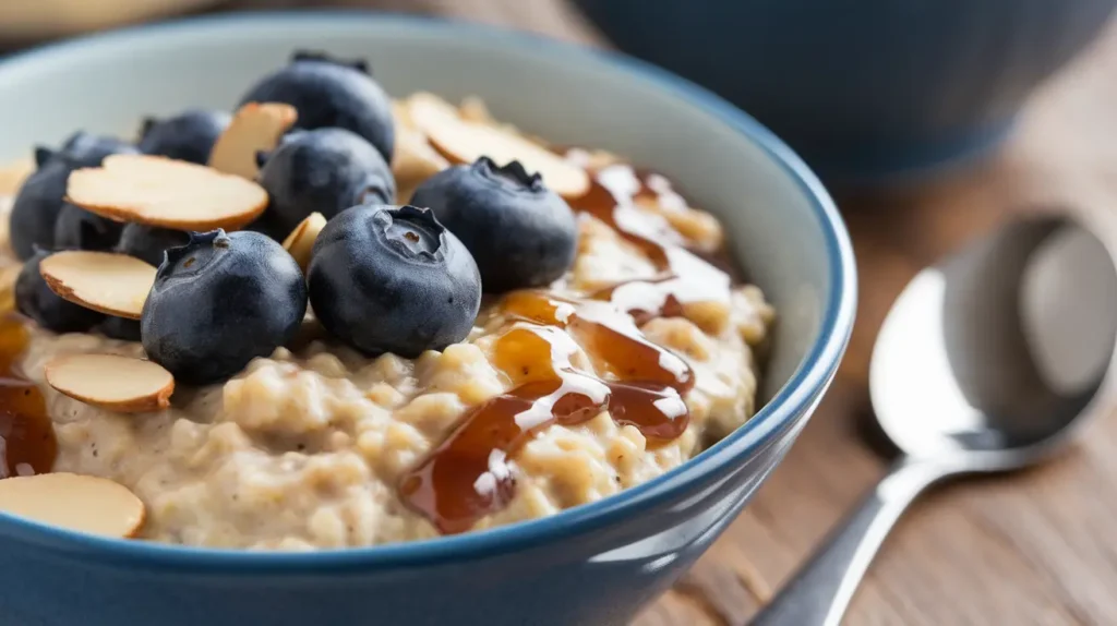 A hearty plant-based diet for diabetes menu breakfast bowl with oatmeal, berries, and nuts, ideal for managing diabetes.