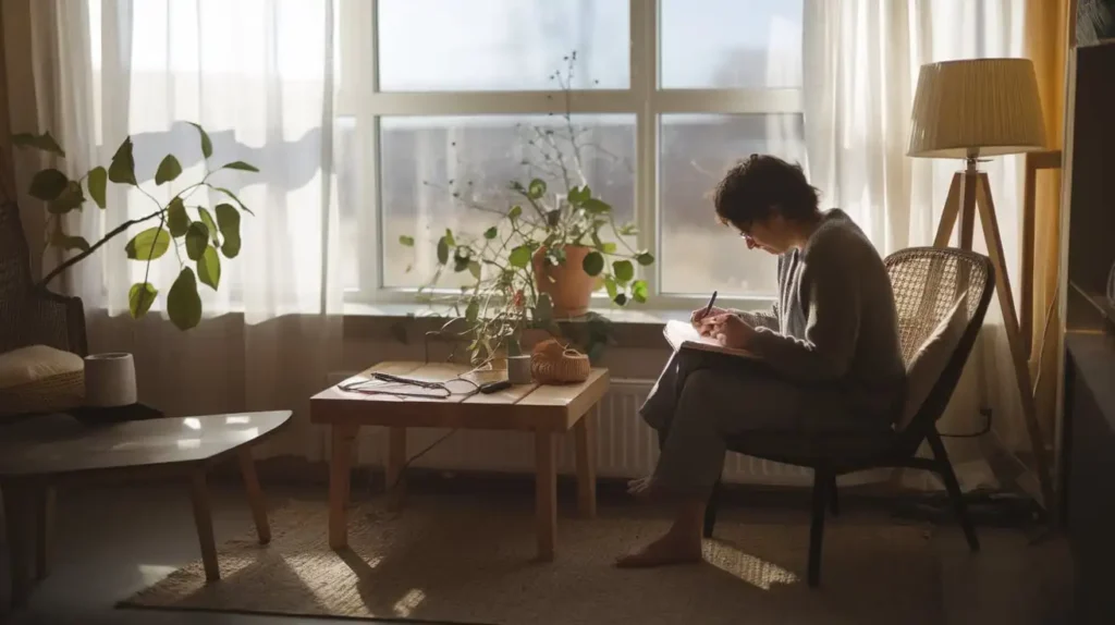 A person writing in a journal and praying in a peaceful home setting