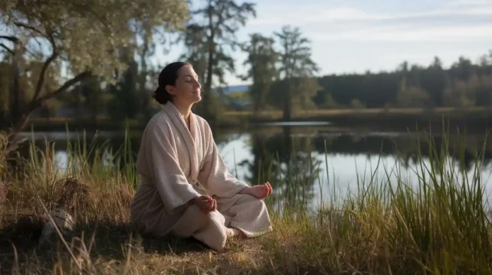 A person meditating in serene nature after fasting, symbolizing the spiritual connection of prayer after fasting