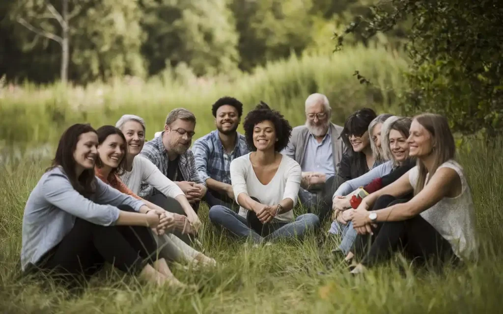 A group of people sharing fasting and prayer stories in a warm setting