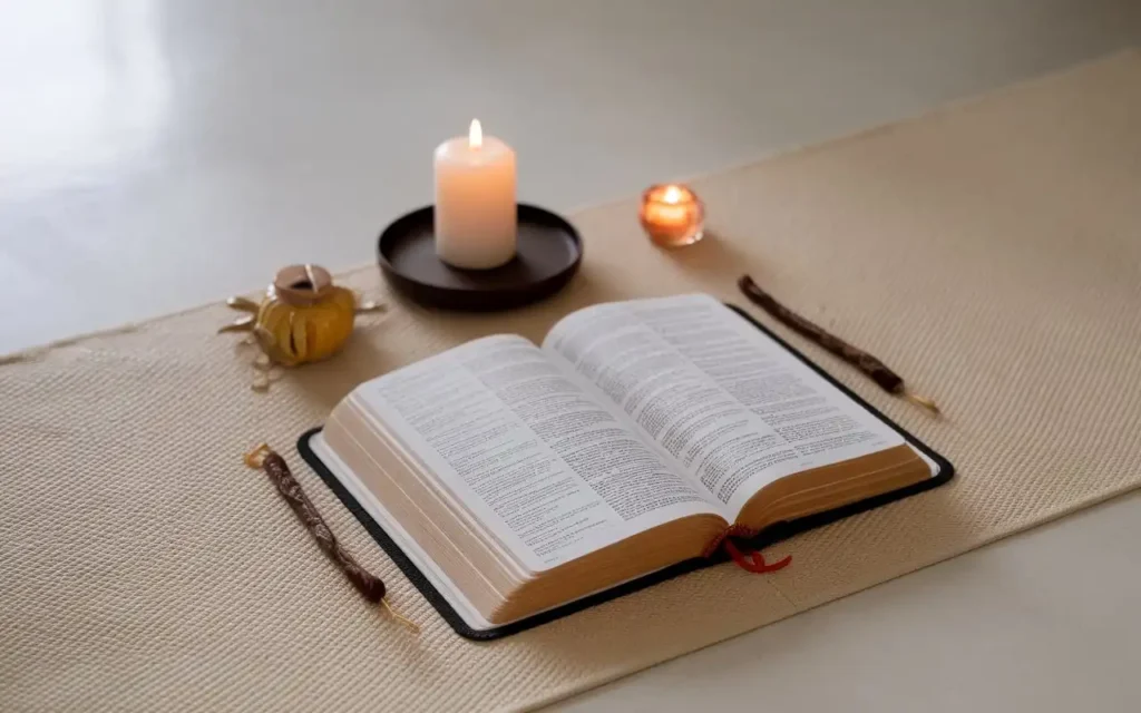 A calm prayer space with a mat, candle, and scripture