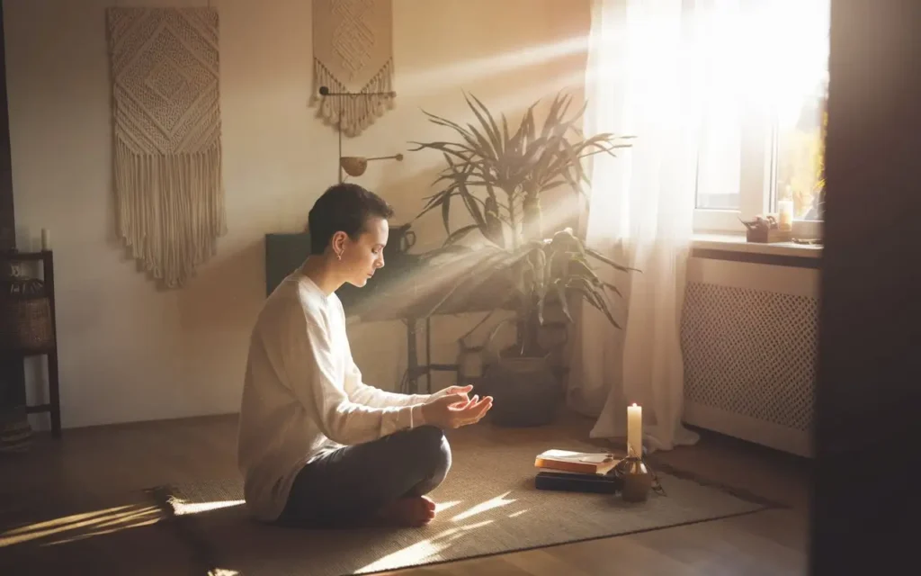 A person meditating in prayer while fasting, with soft sunlight streaming in.
