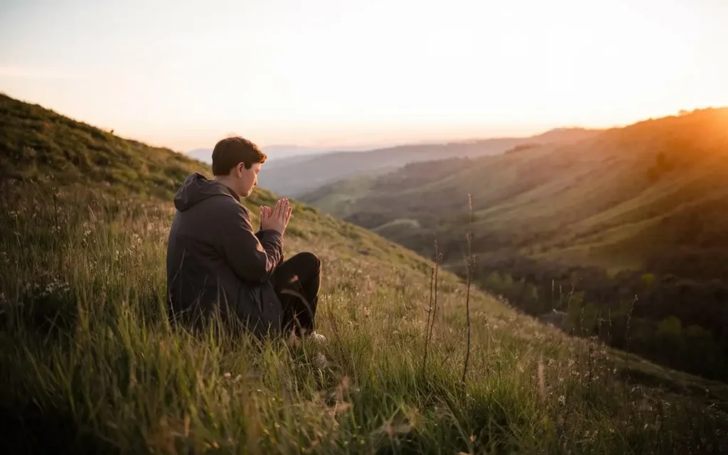 A person practicing mindful prayer in nature during fasting