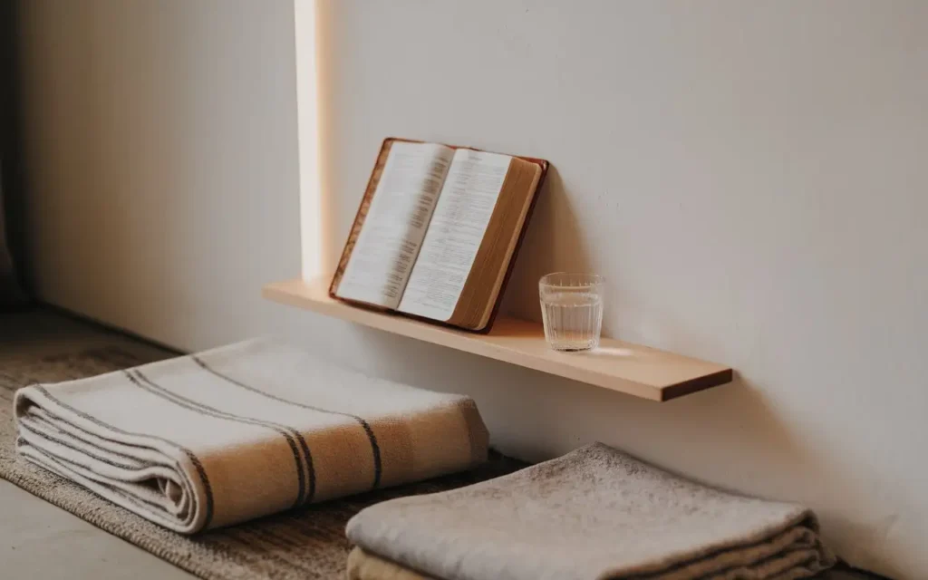 Preparing a prayer space with fasting essentials like water and scriptures.
