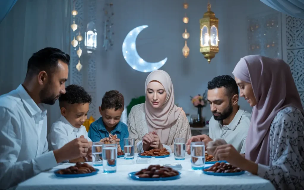 A Muslim family breaking their fast with Iftar and prayer.
