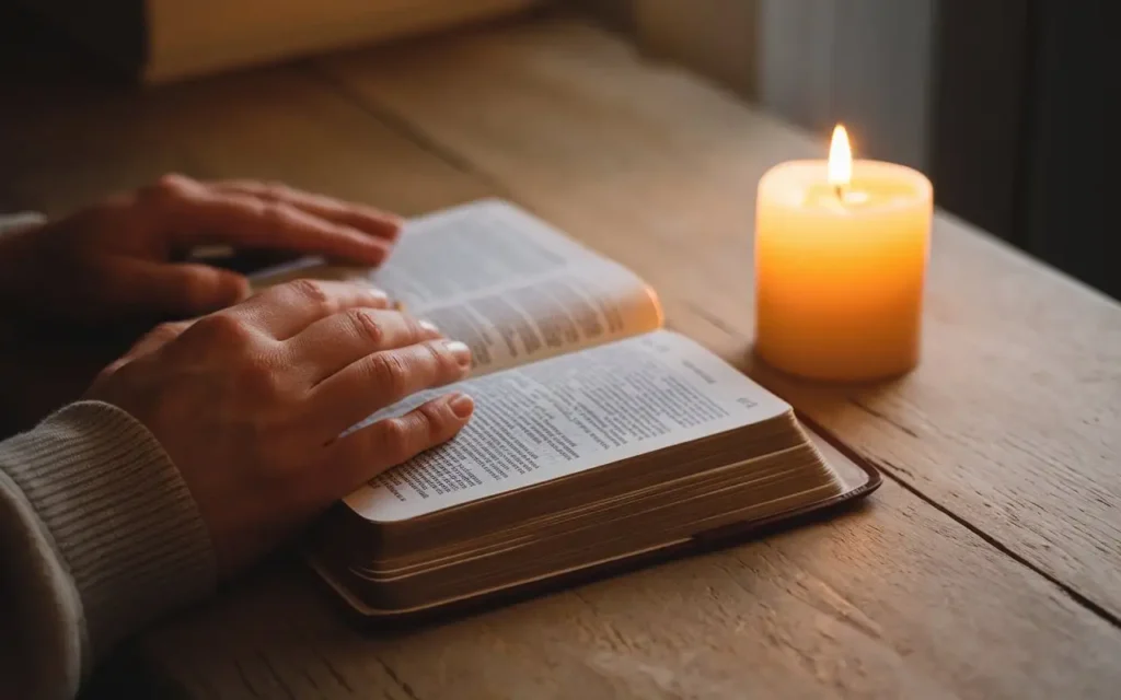 A person reading scripture during fasting, with a candle lit for reflection.