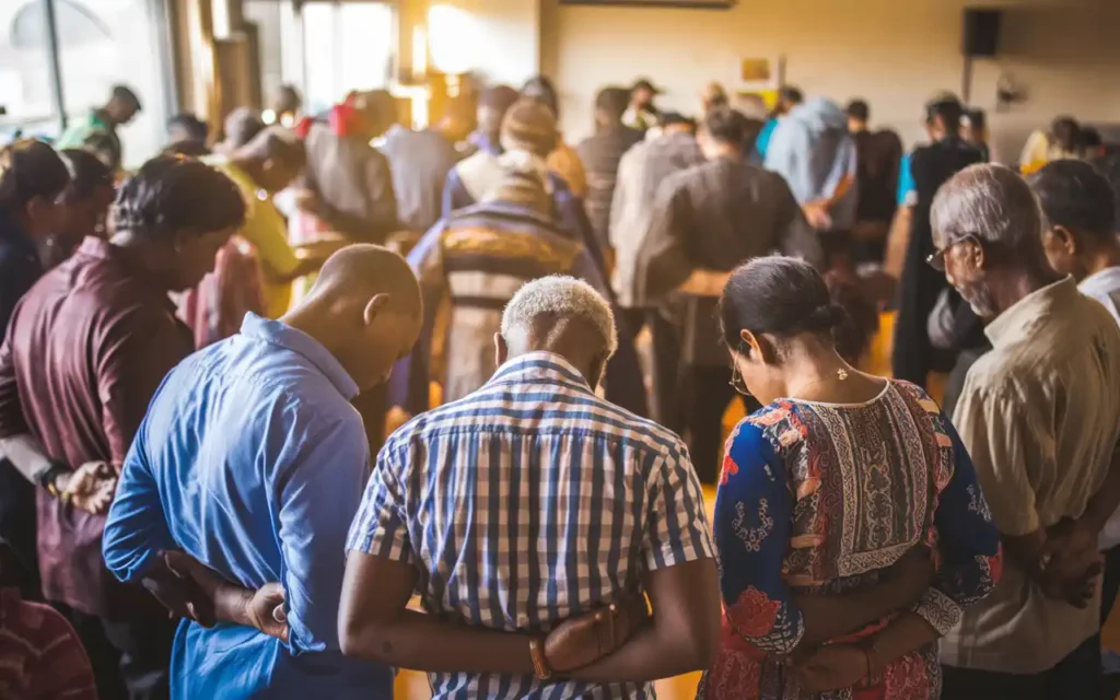 A group of people engaged in communal prayers for fasting at a local gathering.
