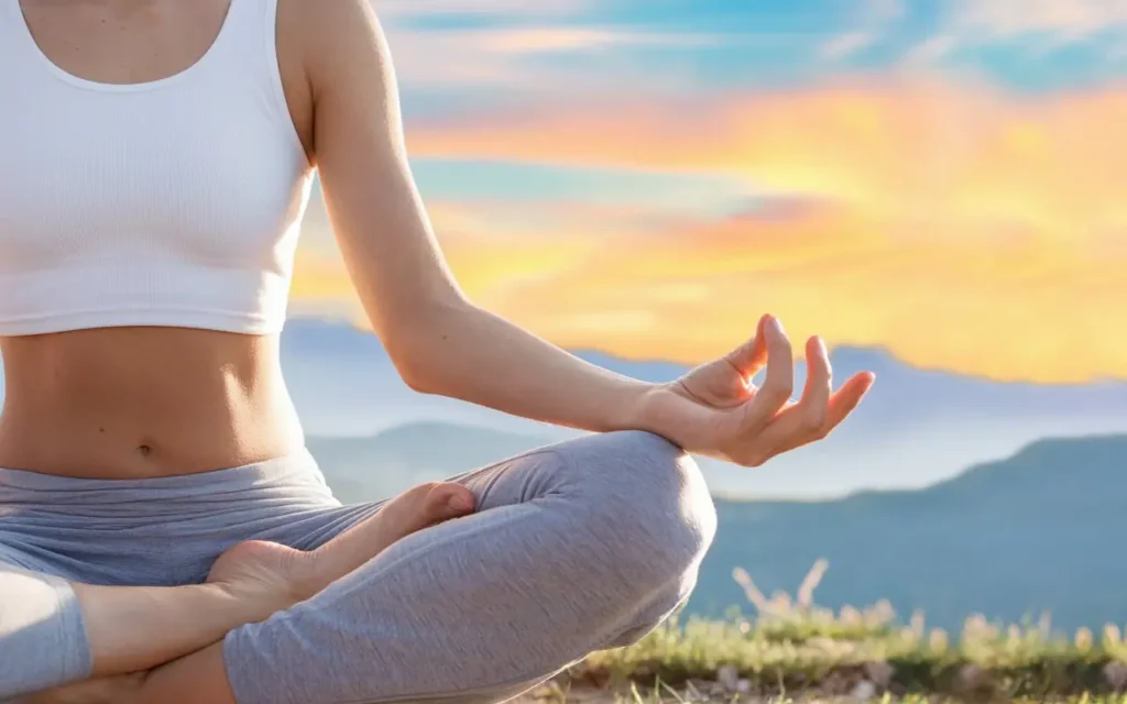 A person meditating during fasting, with a serene background of mountains and a clear sky.
