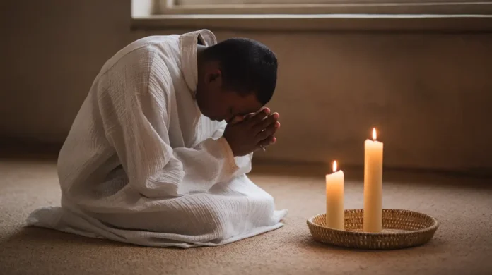 A serene person praying during fasting