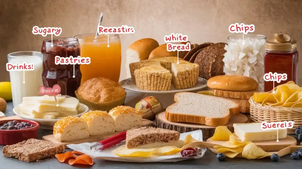 A table of unhealthy foods to avoid for prediabetes, like sugary drinks and processed snacks.