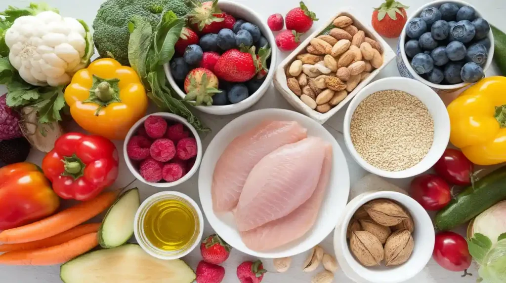 A spread of pre diabetes-friendly foods like vegetables, fruits, nuts, and lean proteins.