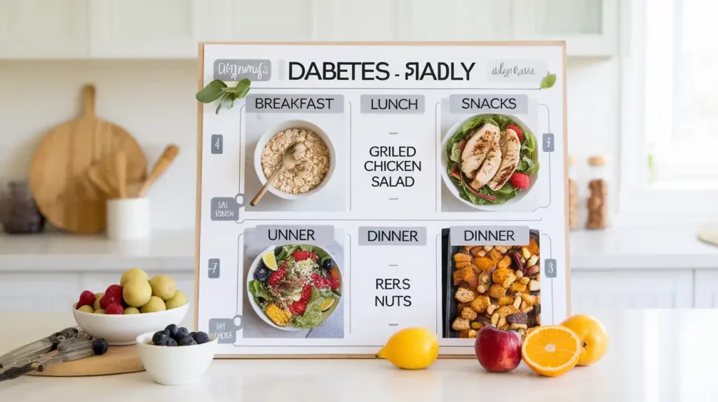 A meal planning guide for a pre diabetes diet with a daily menu template.