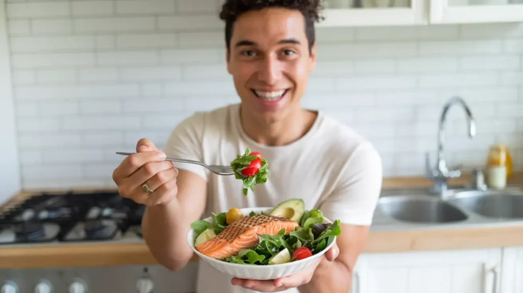 A smiling individual holding a healthy meal, representing success in reversing prediabetes.