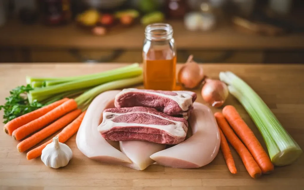 Ingredients for making bone broth on a wooden countertop