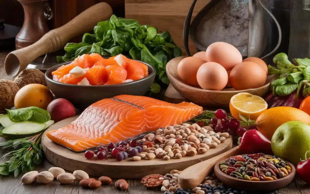 Essential foods in the primal diet displayed attractively on a table