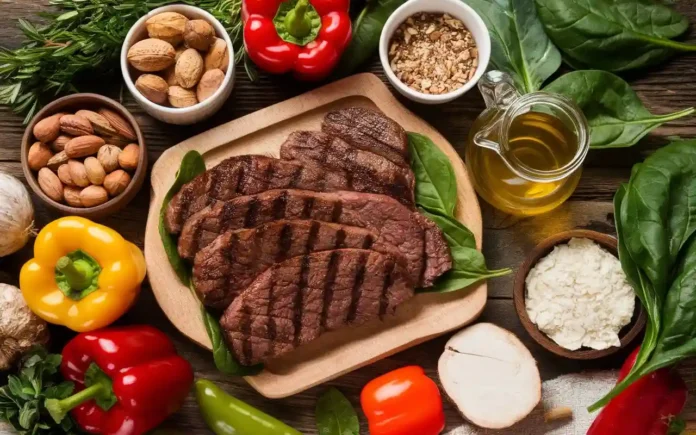 Overview of the primal diet featuring fresh ingredients like vegetables, meat, and nuts