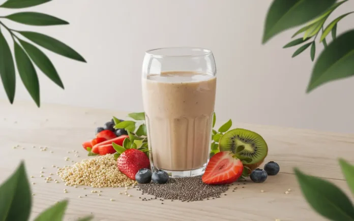 A close-up of a ProLon fasting shake with fresh ingredients in the background.