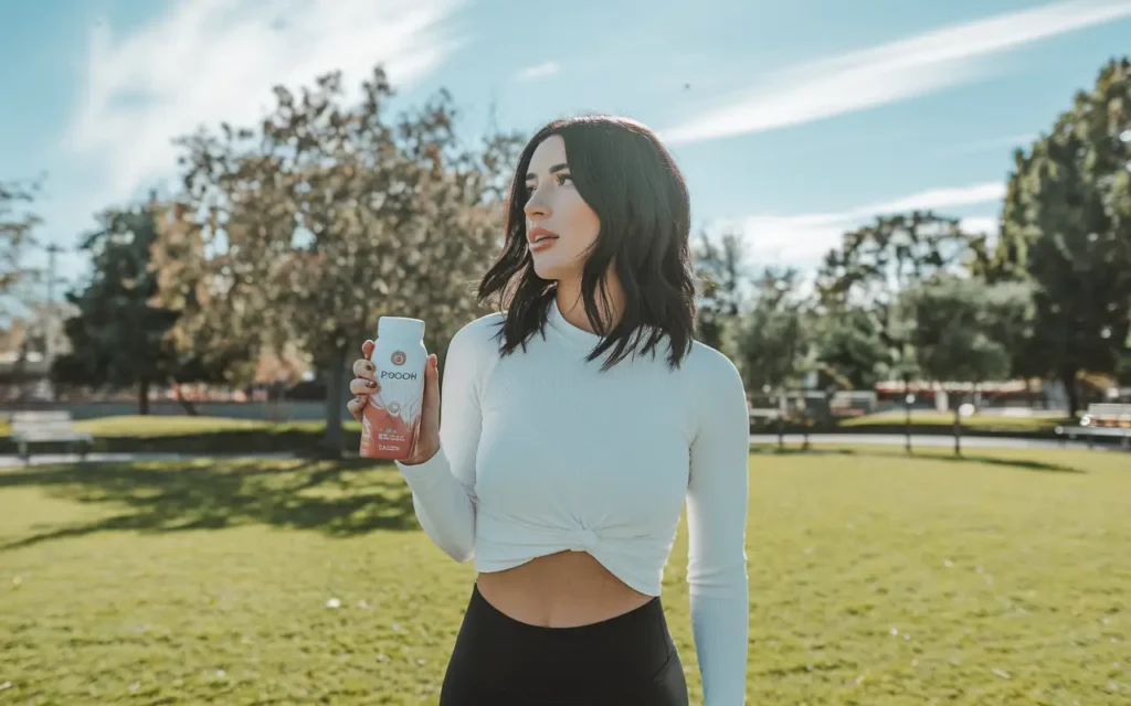 A person holding a ProLon fasting shake while smiling outdoors.
