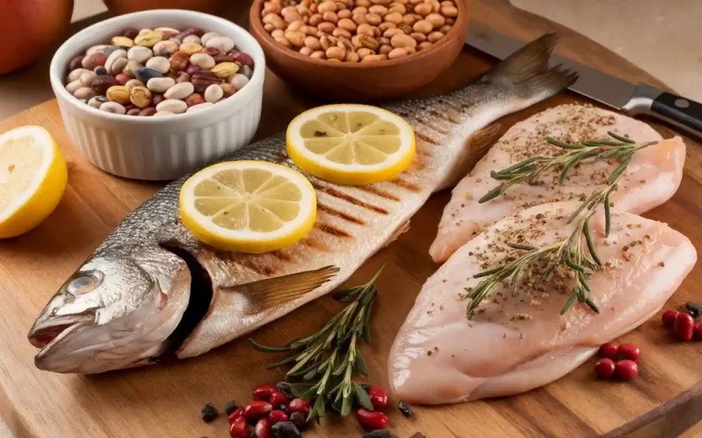 Assorted lean proteins including fish, chicken, and legumes for swimmers.