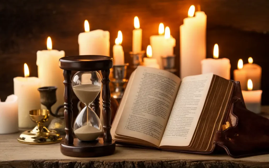 A symbolic image of an hourglass and a prayer book