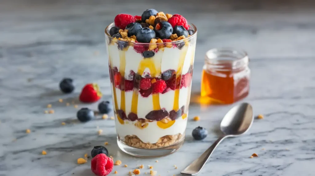 A layered Greek yogurt parfait with honey, nuts, and fresh fruits served in a clear glass.