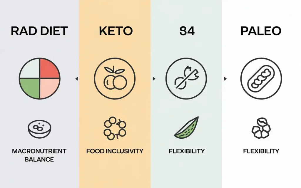 A comparison chart showing differences between the Rad Diet and other diets. 