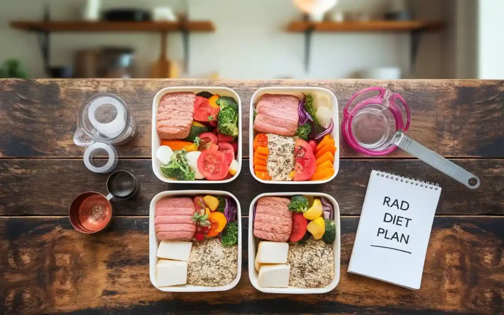 A flat-lay of meal-prep containers with Rad Diet-friendly meals. 