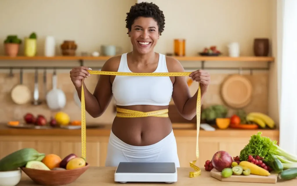 A smiling person holding a measuring tape after their Rad Diet success. 